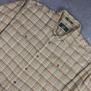 Orvis Shirt Mens Size‎ XL Tan Cotton Houndstooth Plaid Mackinaw Pockets Outdoors